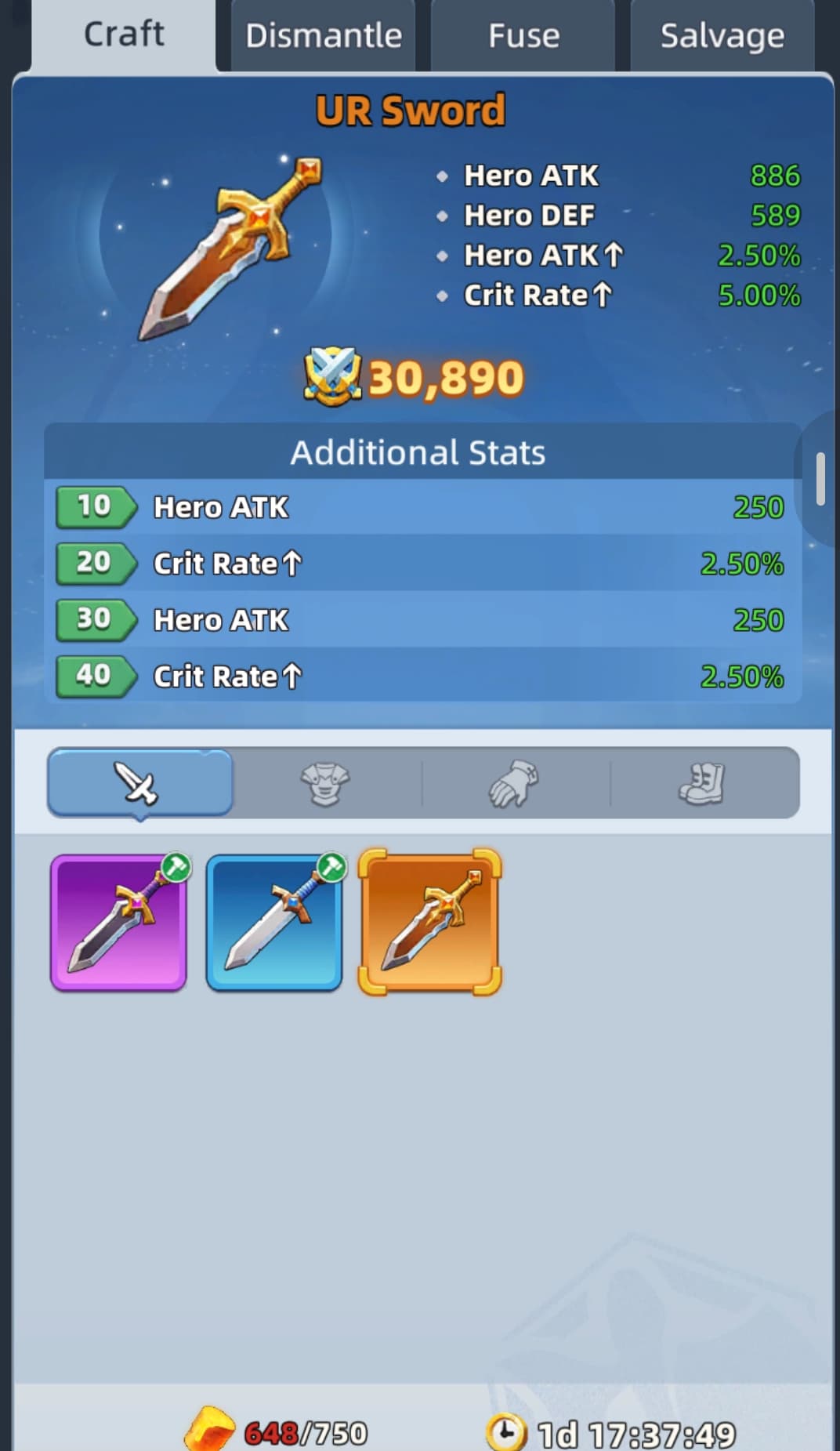 Last Asylum UR gear craft screen — Level 20+ milestones boost Crit Rate and hero ATK