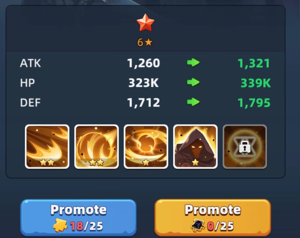 Last Asylum hero promotion to 6 stars — ATK, HP, and DEF gains from star upgrades