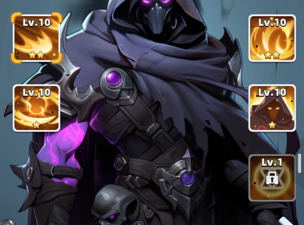 Last Asylum hero skills at Level 10 with star tiers unlocked on main formation hero