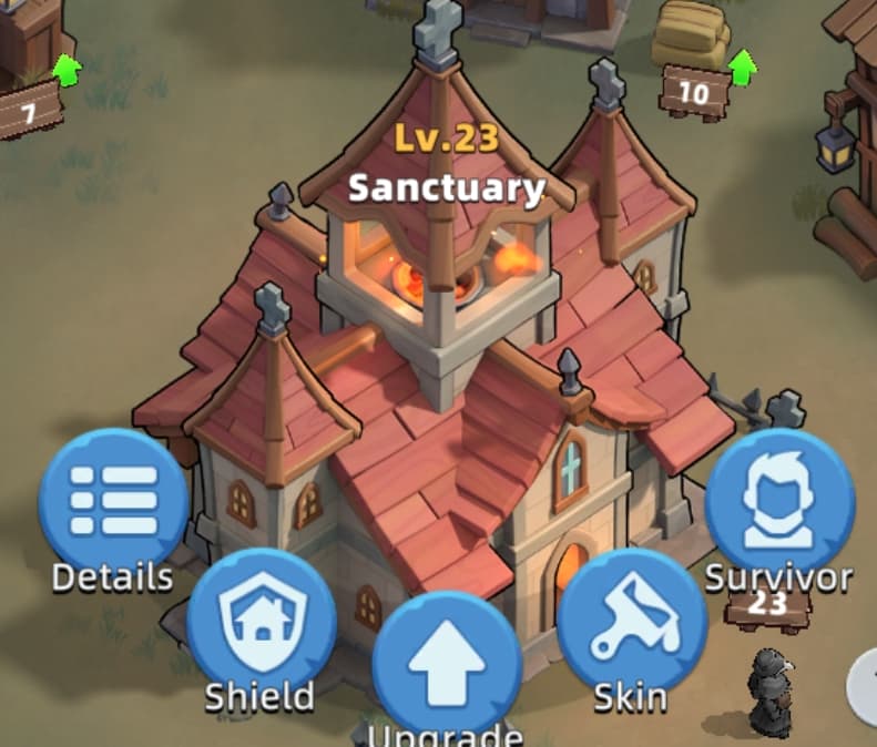 Last Asylum Sanctuary Level 23 — upgrade first to unlock building caps, hero levels, and troop tiers