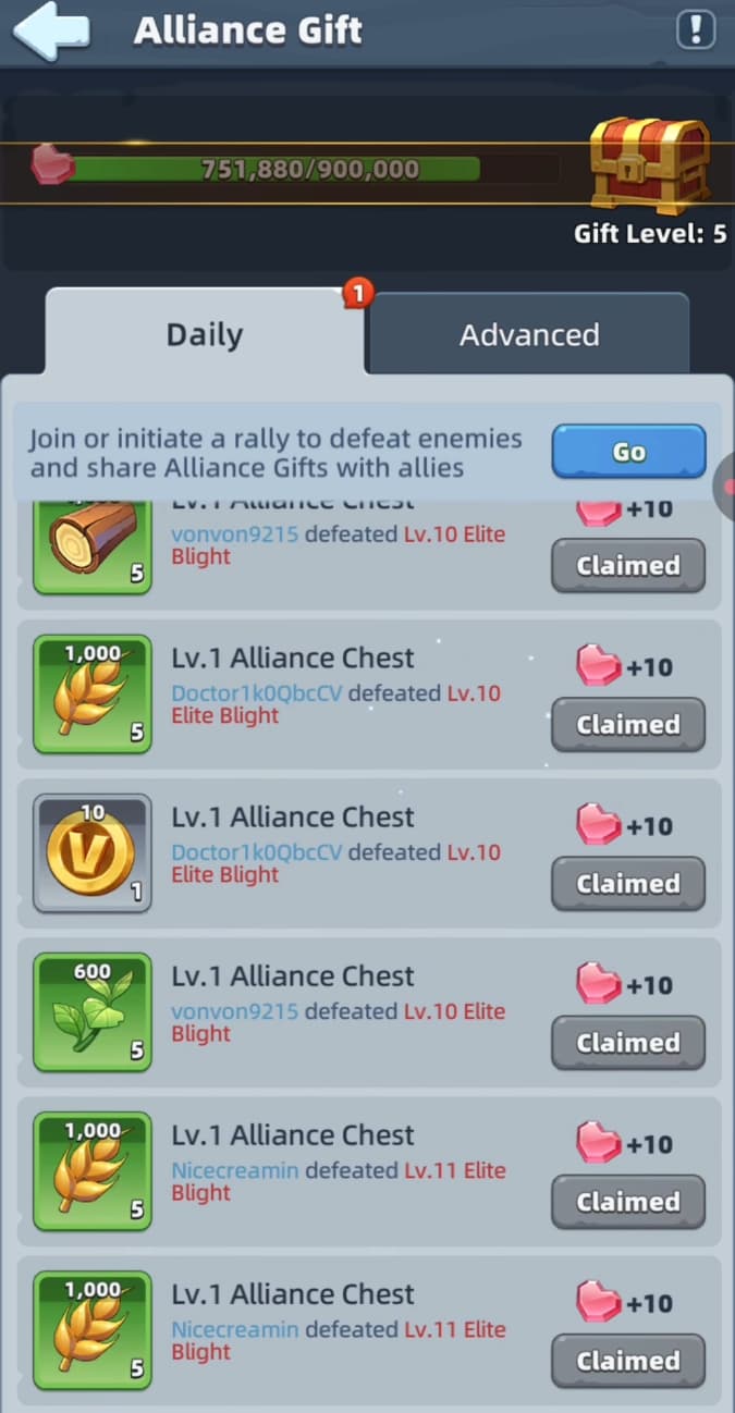 Last Asylum alliance gifts earned from rallies and defeating Elite Blight
