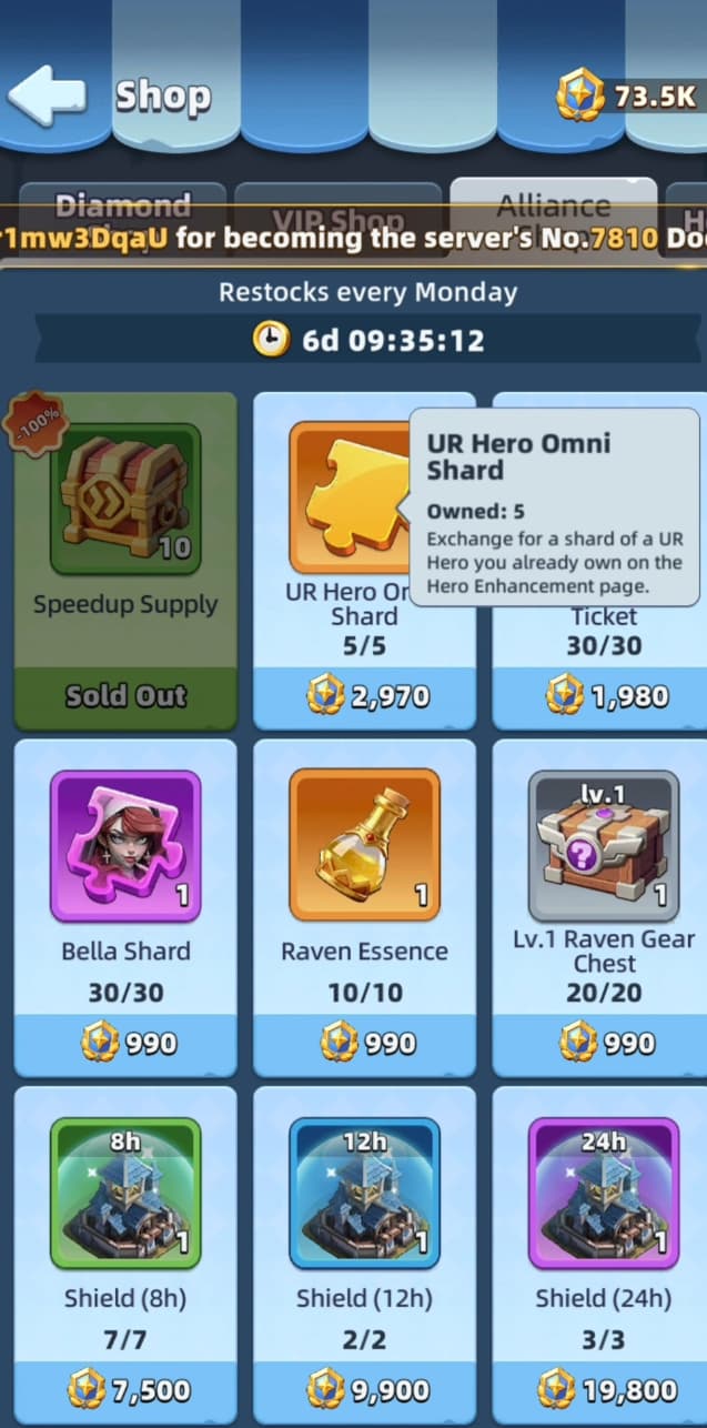 Last Asylum alliance shop with Raven Essence, Raven Gear Chest, and UR Hero Omni shards