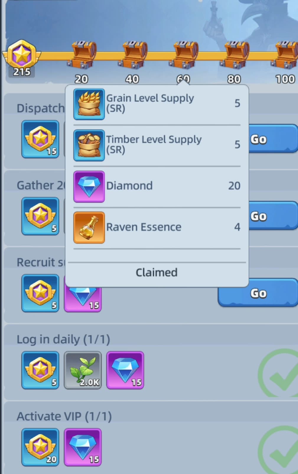 Last Asylum daily tasks screen with 215 activity points and reward chest milestones