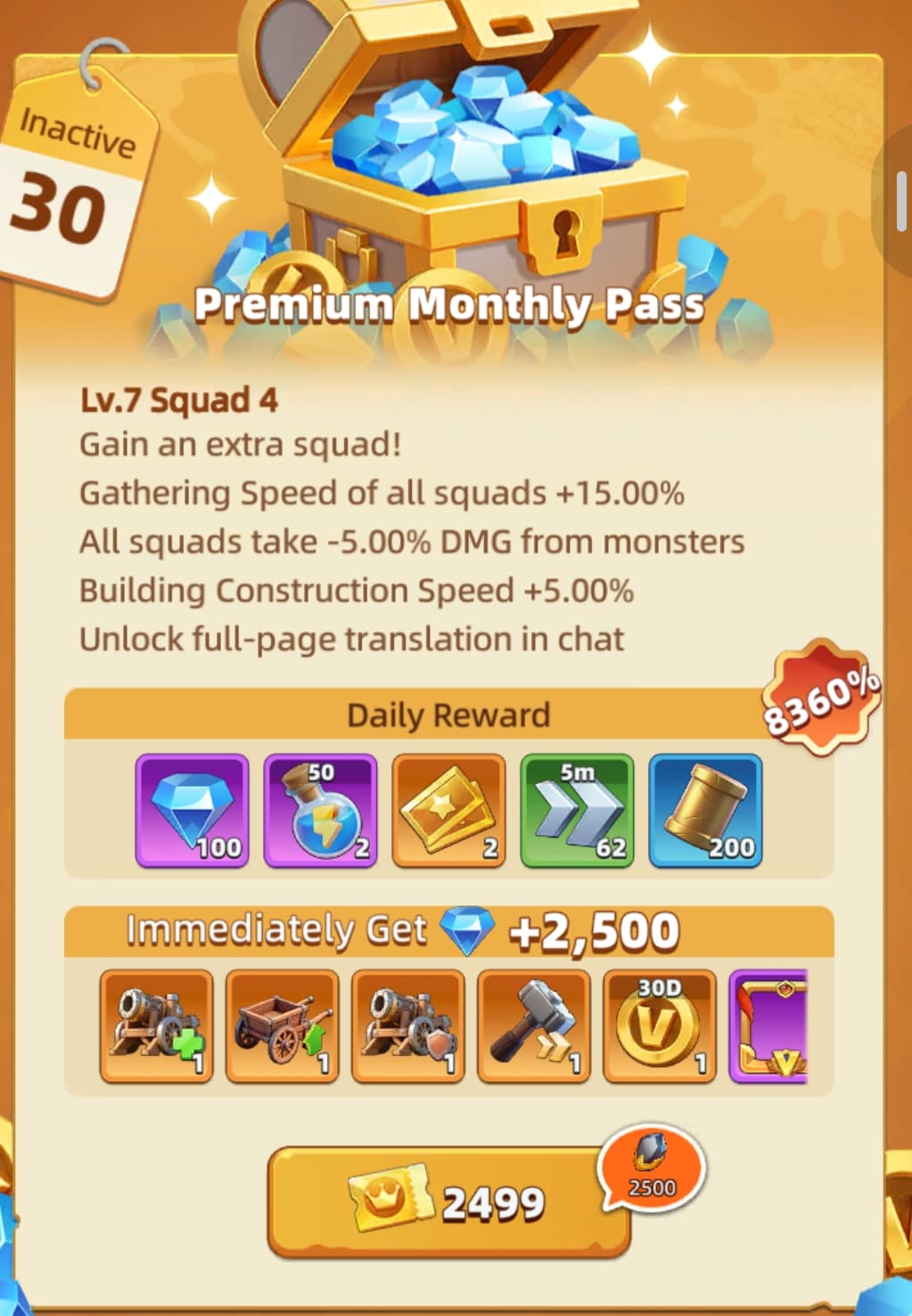 Last Asylum Premium Monthly Pass with VIP, construction speed, gathering buffs, and daily diamond rewards