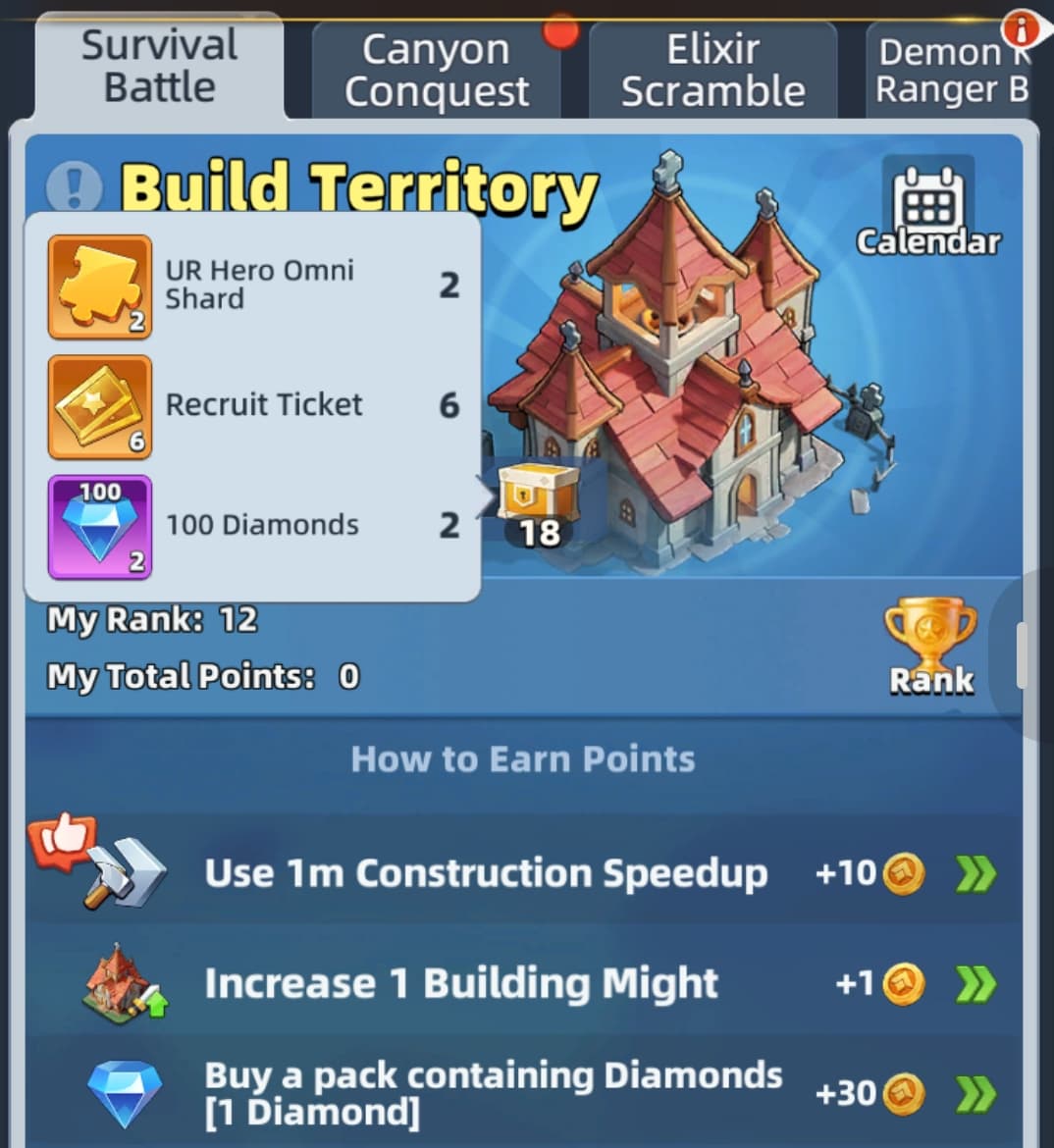 Last Asylum Survival Battle Build Territory event with point milestones and daily rewards