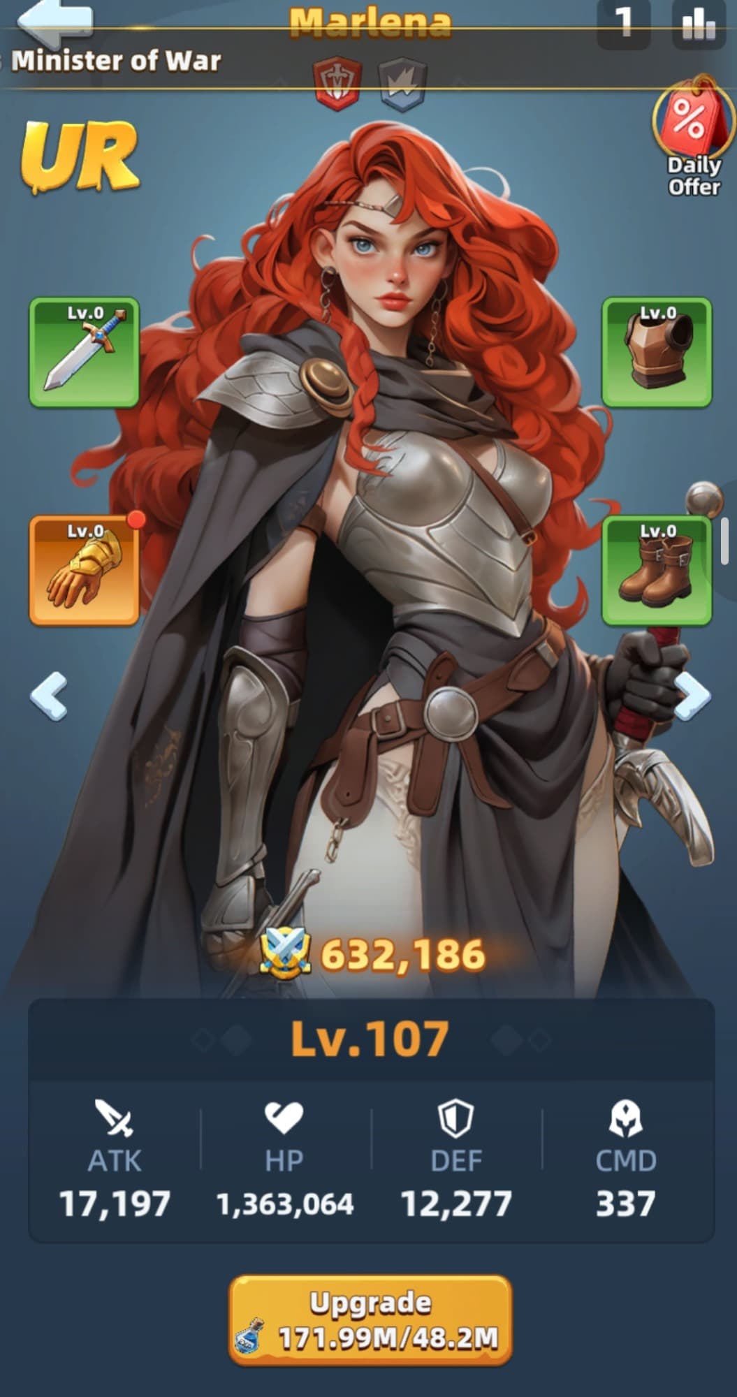 Last Asylum Marlena at Level 107 — level your main damage dealer ahead of the rest of the squad