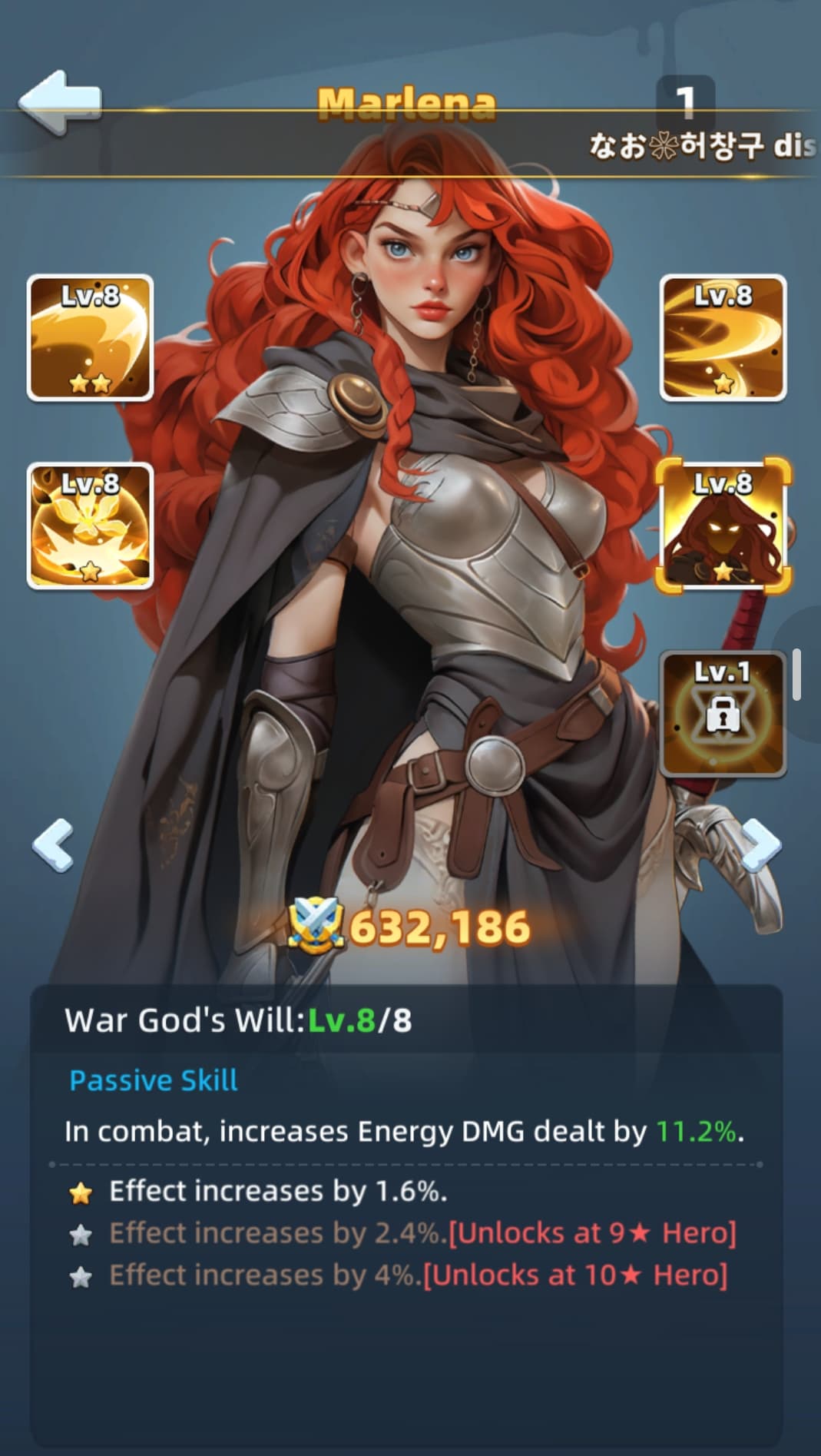 Last Asylum Marlena passive War God's Will — prioritize Energy DMG skill upgrades first
