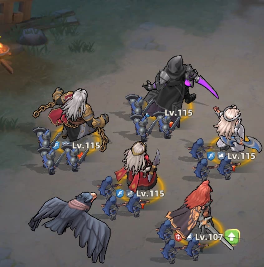 Last Asylum five-hero squad formation with role icons and level gaps on the main carry